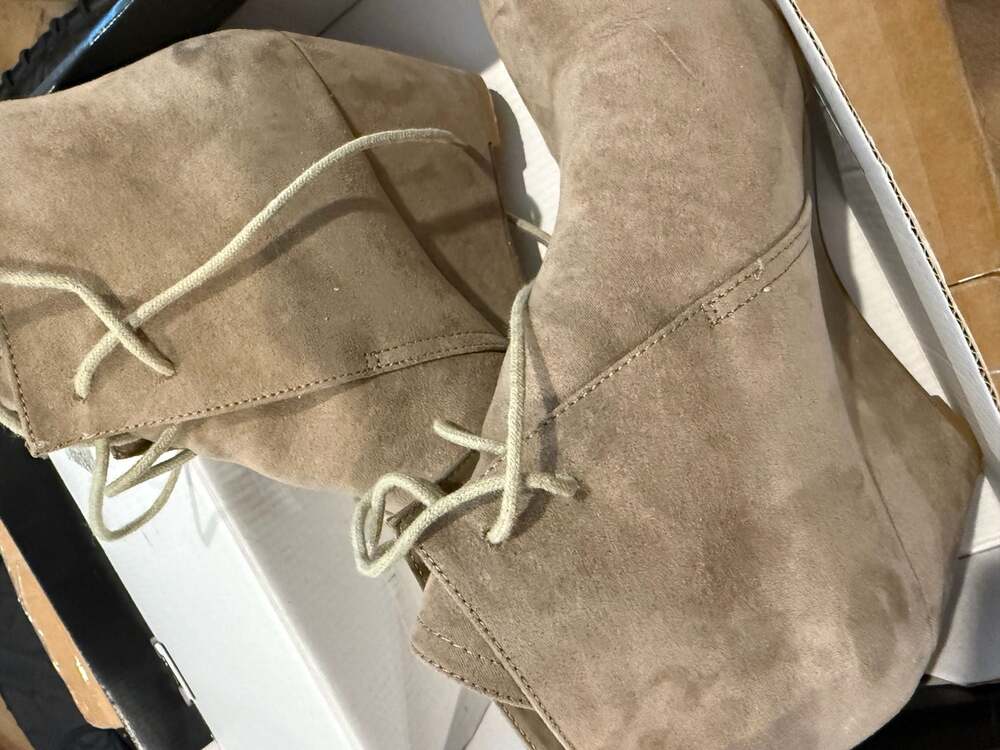 New Directions Taupe Suede Lace-Up Wedge Booties